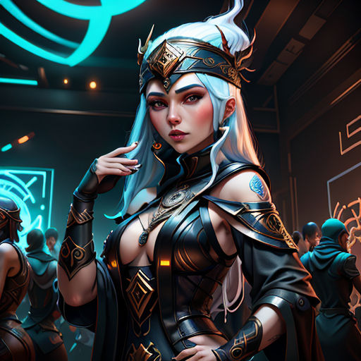 a woman in a costume standing in a room with other people around her and a neon blue light above her