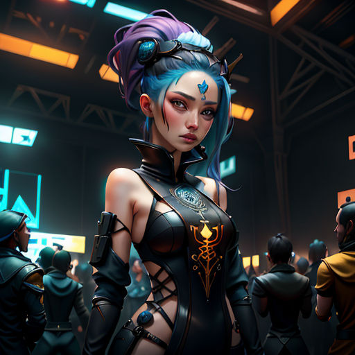a woman in a futuristic outfit standing in a crowd of people in a building with a neon light on her face