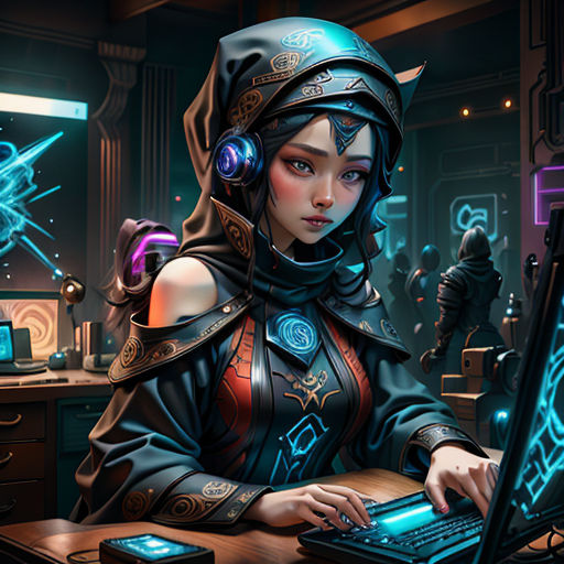 a woman in a futuristic outfit using a laptop computer in a dark room with a neon light on the wall