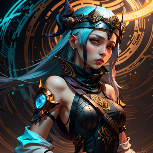 a woman with blue hair and a helmet on holding a sword in her hand and a glowing orb in the background