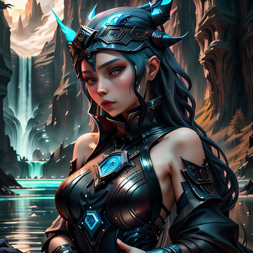 a woman in a fantasy world with horns and a sword in her hand, standing in front of a waterfall