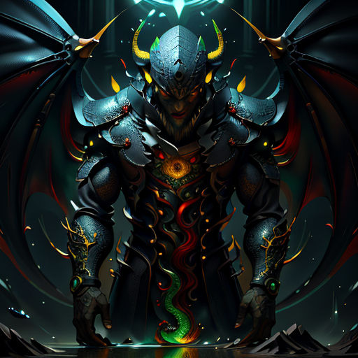 a digital painting of a demon with horns and wings on his head and body, with a green eye and a red eye