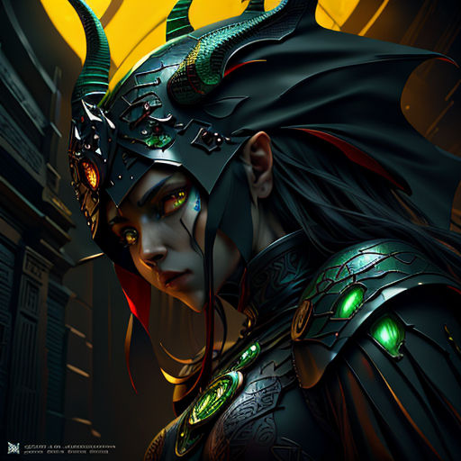 a woman with horns and a helmet on her head and a dragon on her head, in a dark alley