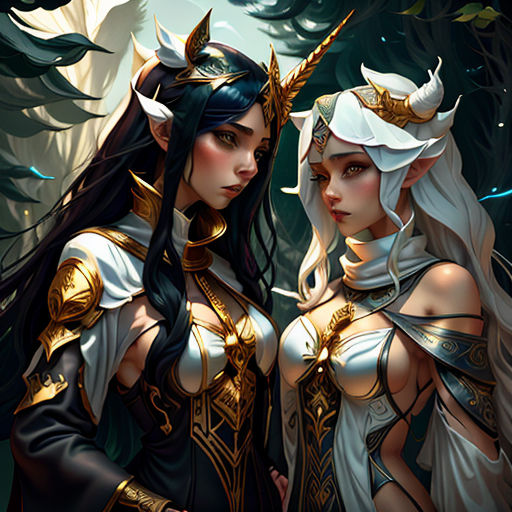 two women dressed in costumes standing next to each other in the woods, one of them is wearing a helmet