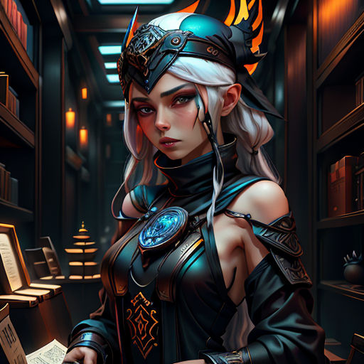 a woman in a library with a book in her hand and a clock in her hand, with a book in her hand