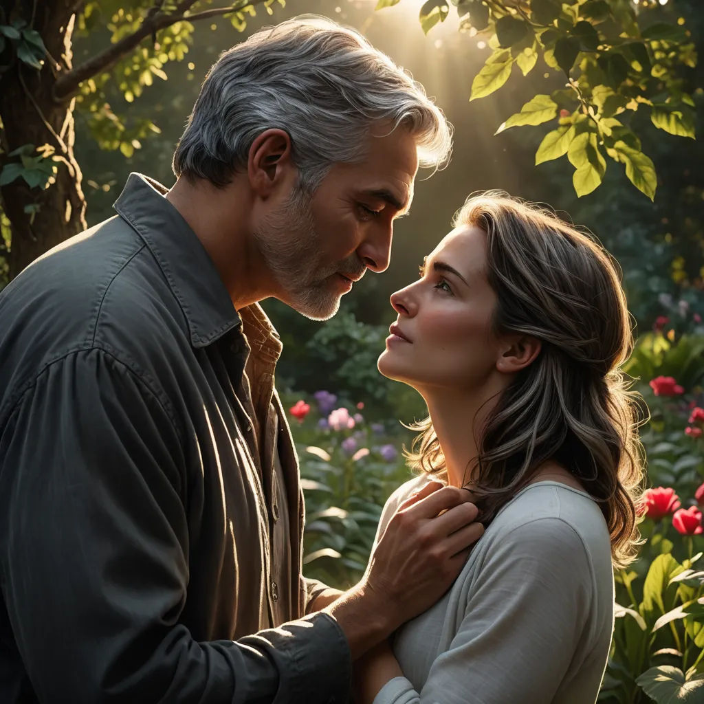 a man and a woman standing in a garden with flowers and trees in the background, one of them is holding the other's head, american romanticism, a poster, David Park, promotional image