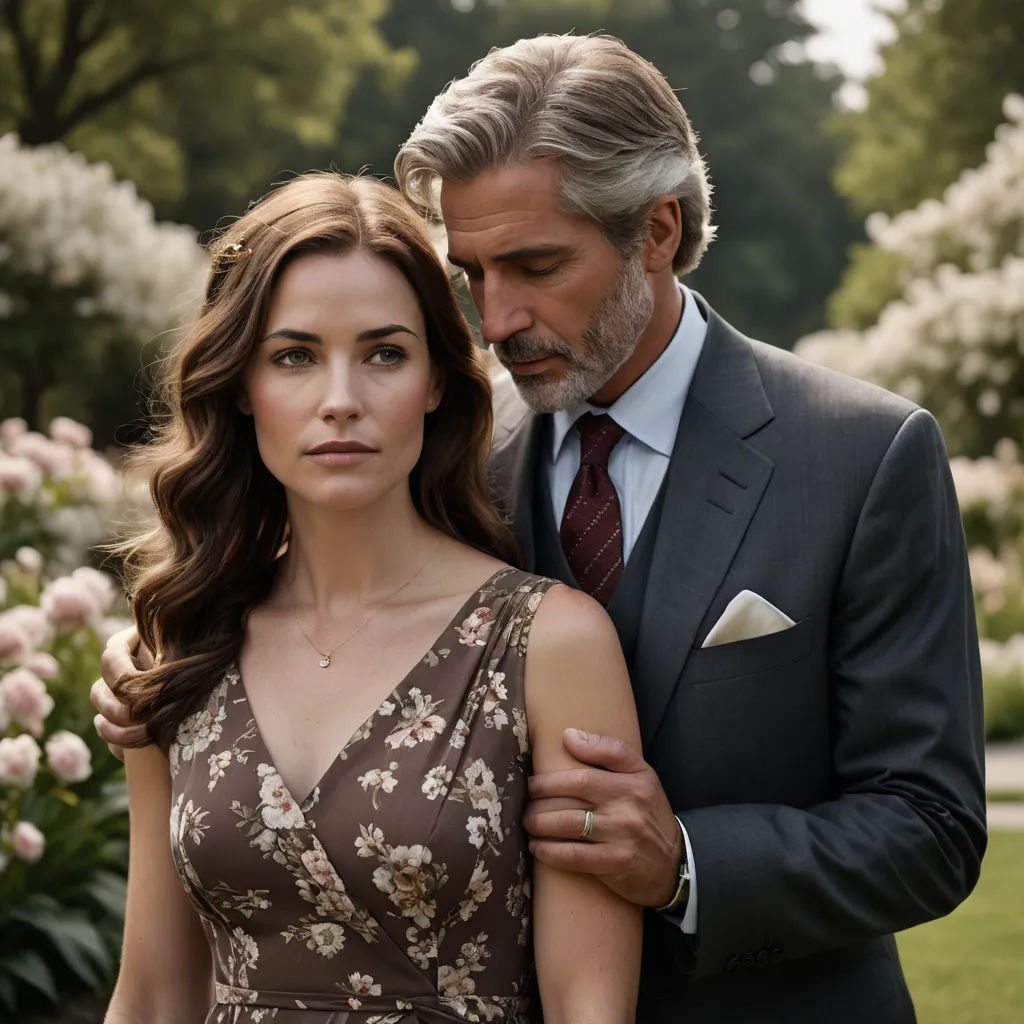 a man and a woman standing next to each other in a garden with flowers in the background and a man in a suit and tie, arbeitsrat für kunst, a character portrait, Christian Hilfgott Brand, promotional image