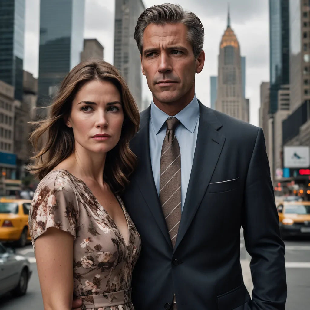 a man and a woman standing in front of a city street with tall buildings in the background, one woman is wearing a dress and the other is wearing a suit, international gothic, a poster, David Garner, promotional image