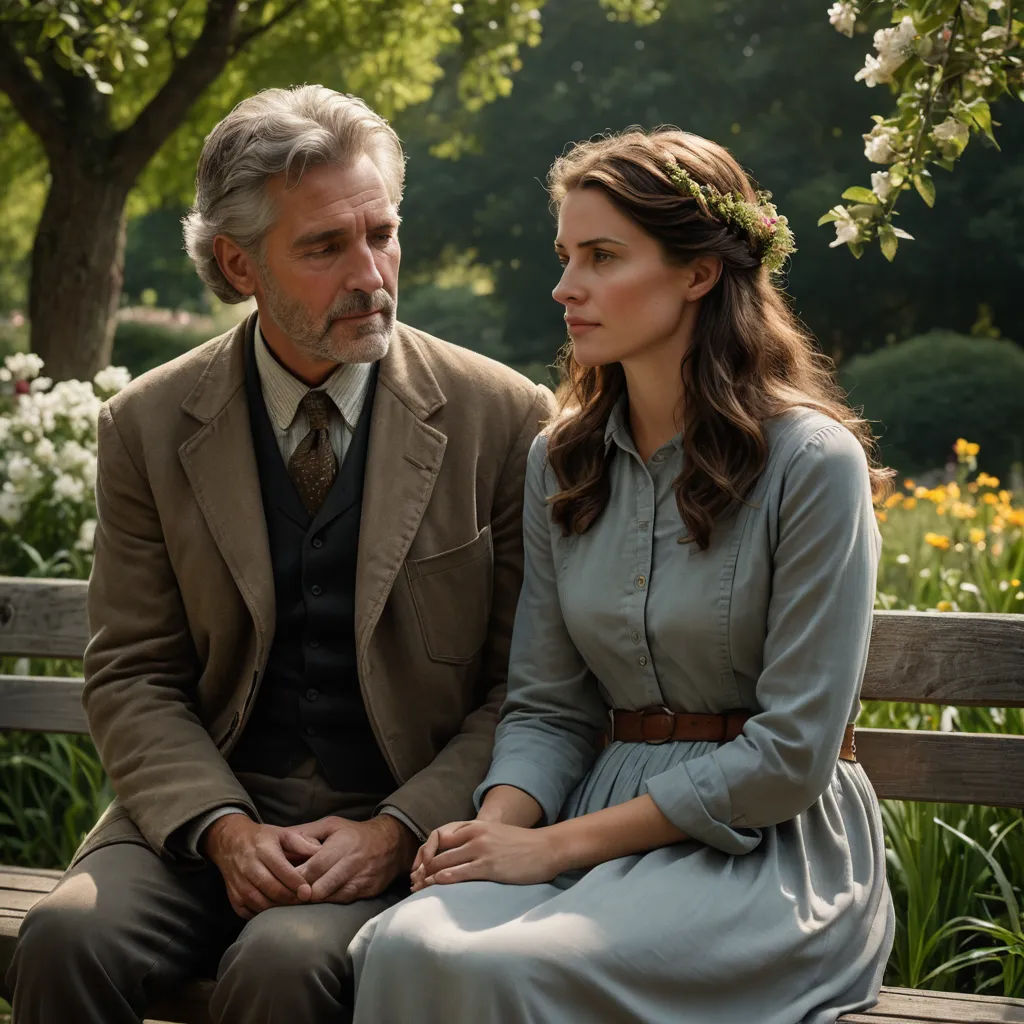 a man and a woman sitting on a bench in a park together, looking at each other, with trees in the background, arts and crafts movement, an impressionist painting, Anne Said, movie still