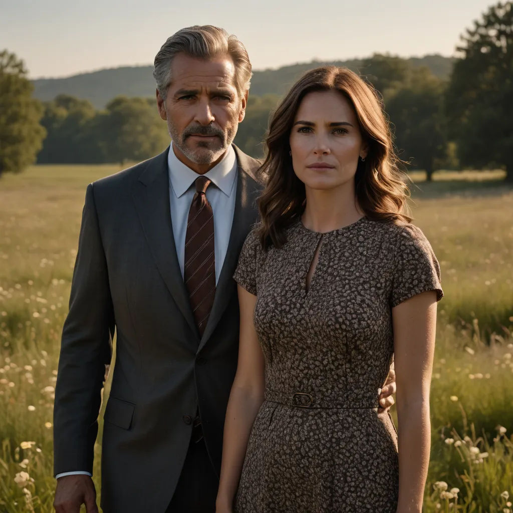 a man and a woman standing in a field of flowers and grass with trees in the background and a sky in the background, international gothic, a poster, Andrew Bell, promotional image