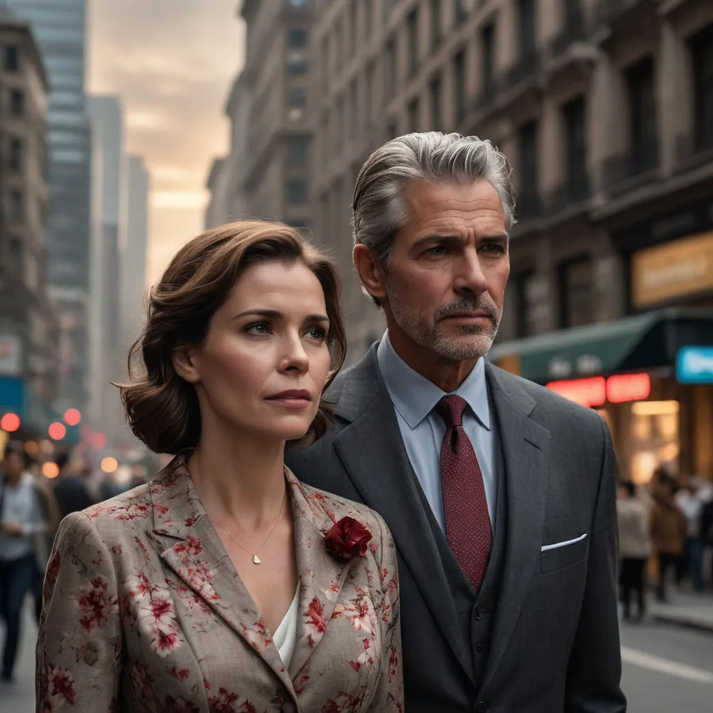 a man and a woman standing in the middle of a street in a city at sunset or dawn,, international gothic, a colorized photo, Christian Hilfgott Brand, promotional image