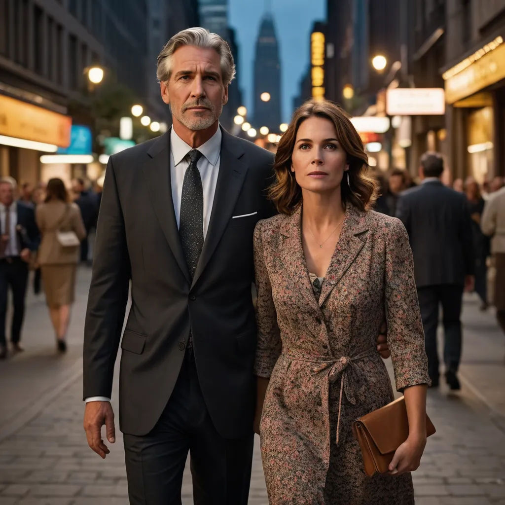 a man and a woman walking down a street at night in a city with tall buildings in the background, private press, a poster, Christian Hilfgott Brand, promotional image