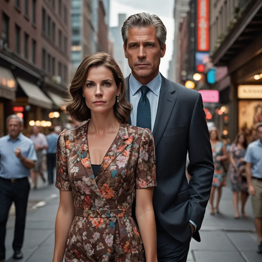 a man and a woman standing on a city street together, dressed in business attire, looking at the camera, new objectivity, a poster, Christian Hilfgott Brand, promotional image