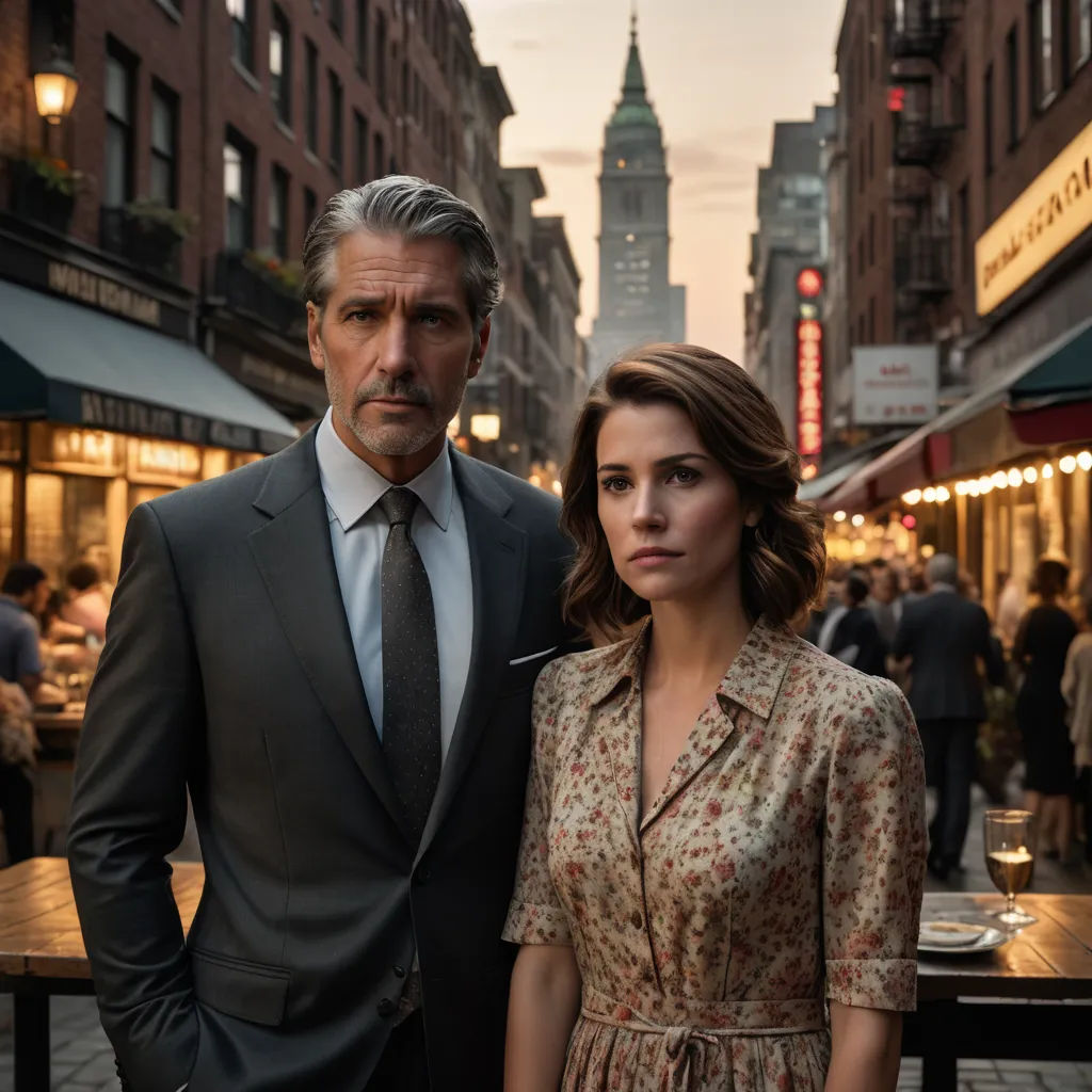 a man and a woman standing in a city street at dusk with a city skyline in the background and a building in the background, international gothic, a poster, Art Fitzpatrick, promotional image