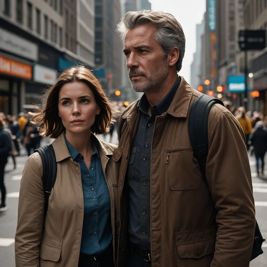 a man and a woman standing in the middle of a street in a city with tall buildings and people walking around, serial art, a poster, Christabel Dennison, promotional image