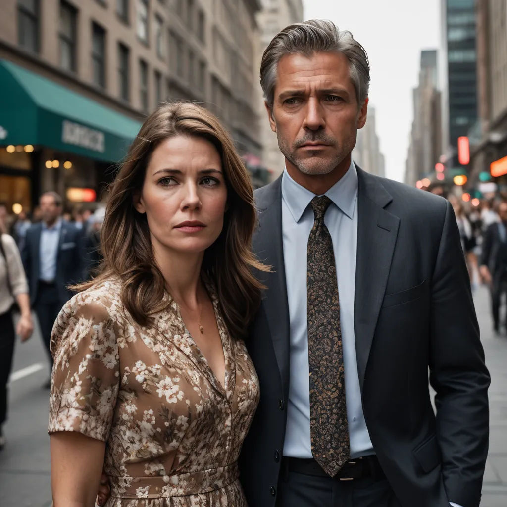 a man and a woman standing on a street corner in a city setting with people walking around them and a man in a suit and tie, international gothic, a poster, Brigid Derham, promotional image