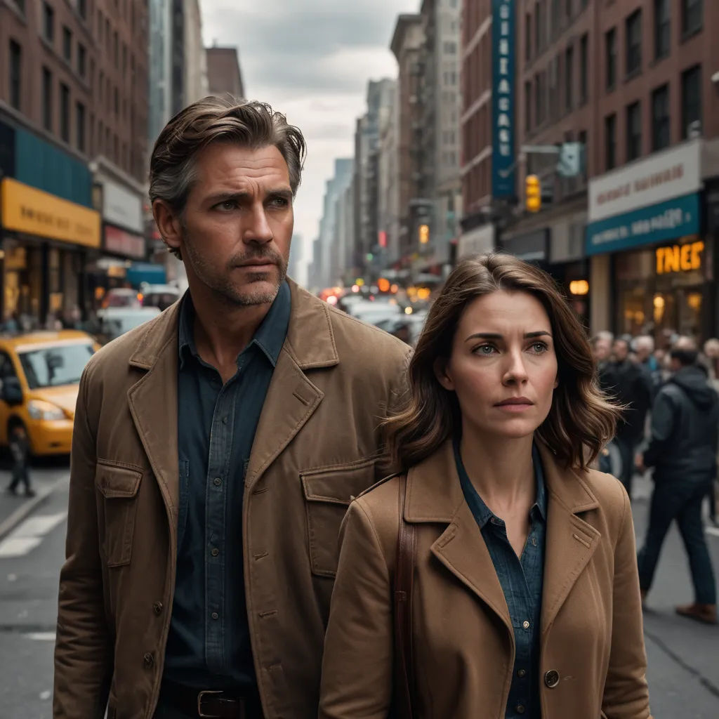 a man and a woman walking down a street in a city with tall buildings and a taxi cab behind them, antipodeans, a poster, Dan Scott, promotional image