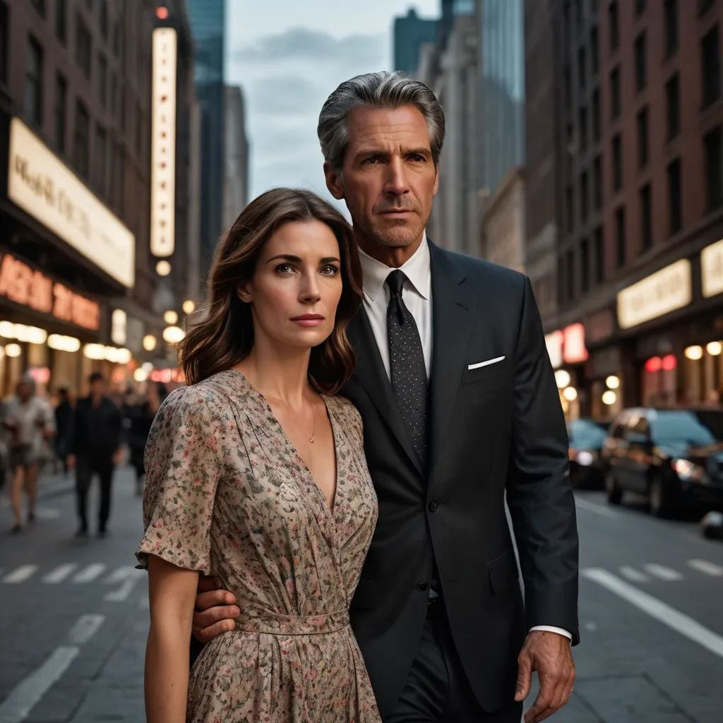a man and a woman standing on a street in a city at night with a city light in the background, private press, a poster, Christian Hilfgott Brand, promotional image