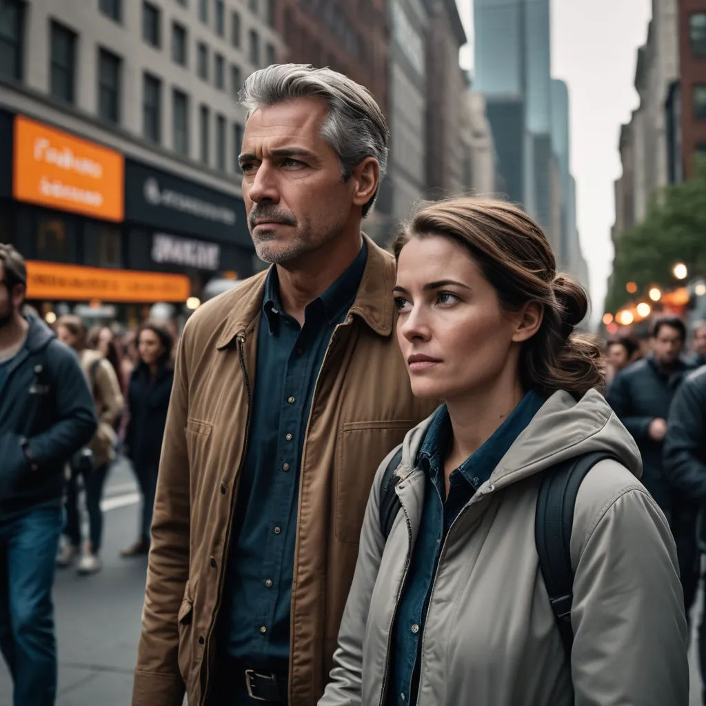a man and a woman standing in the middle of a street with a crowd of people behind them in the background, serial art, a poster, Clarice Beckett, promotional image