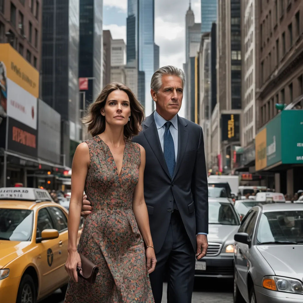 a man and a woman walking down a street in a city with tall buildings in the background and cars in the foreground, private press, a poster, Art Fitzpatrick, promotional image