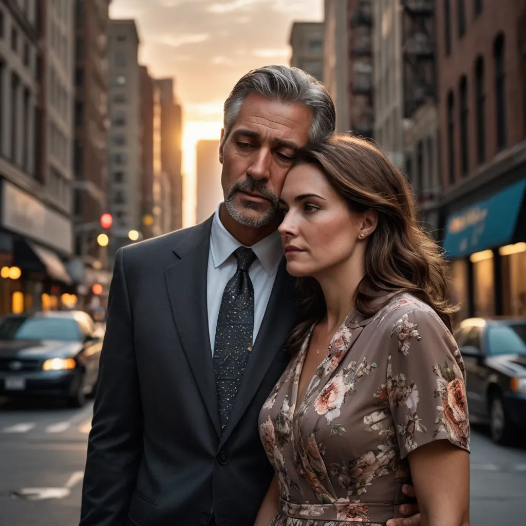 a man and woman standing in the middle of a city street at sunset or sunset time, with a man in a suit and tie, serial art, a stock photo, David Annand, promotional image