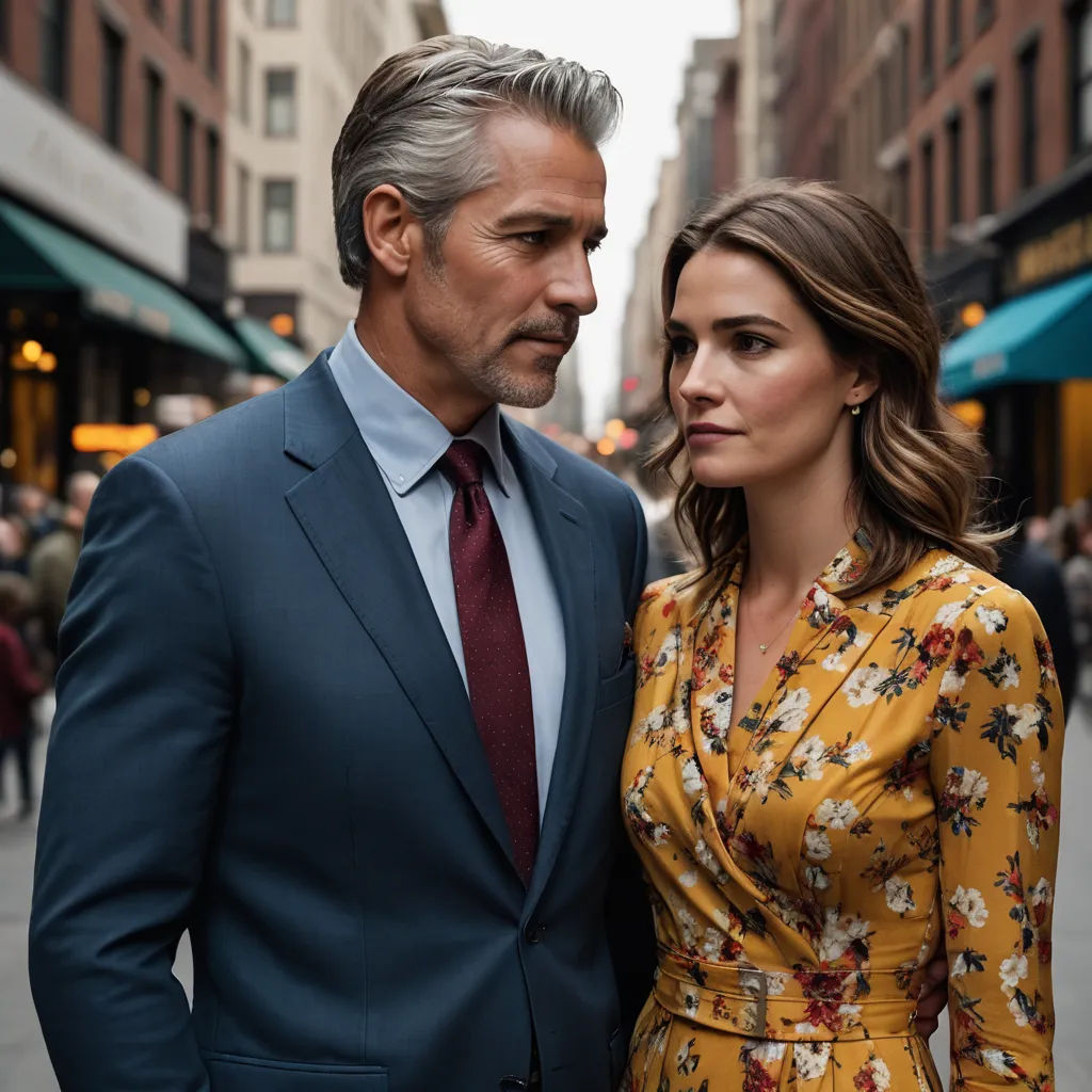 a man and a woman standing next to each other on a street corner in a city with tall buildings, private press, a poster, Derek Hill, promotional image