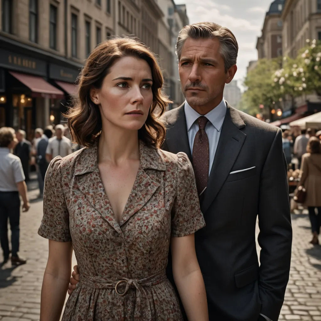 a man and a woman standing on a street in a city setting with people walking around them and a man in a suit and tie, arbeitsrat für kunst, a poster, Christian Hilfgott Brand, promotional image