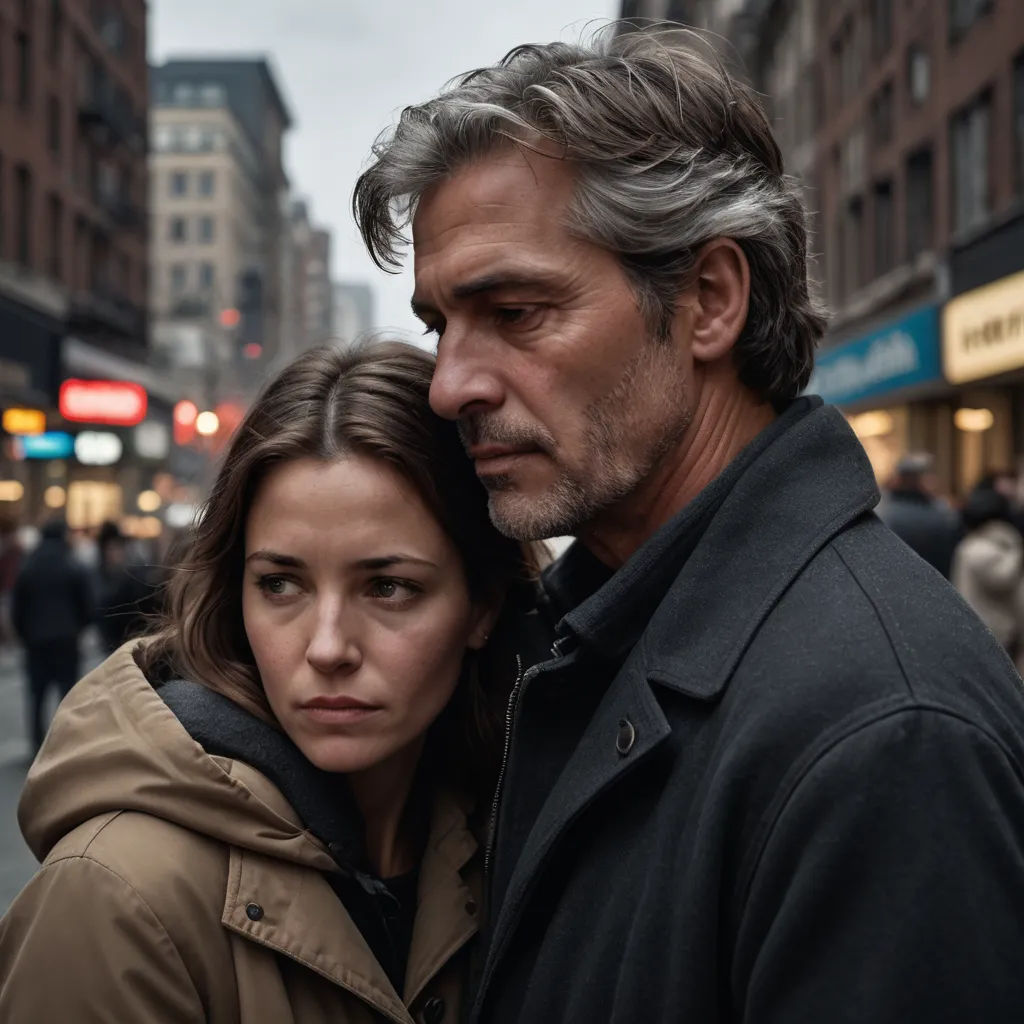 a man and a woman standing in the street together, looking at something in the distance with buildings in the background, serial art, a poster, Didier Mouron, promotional image