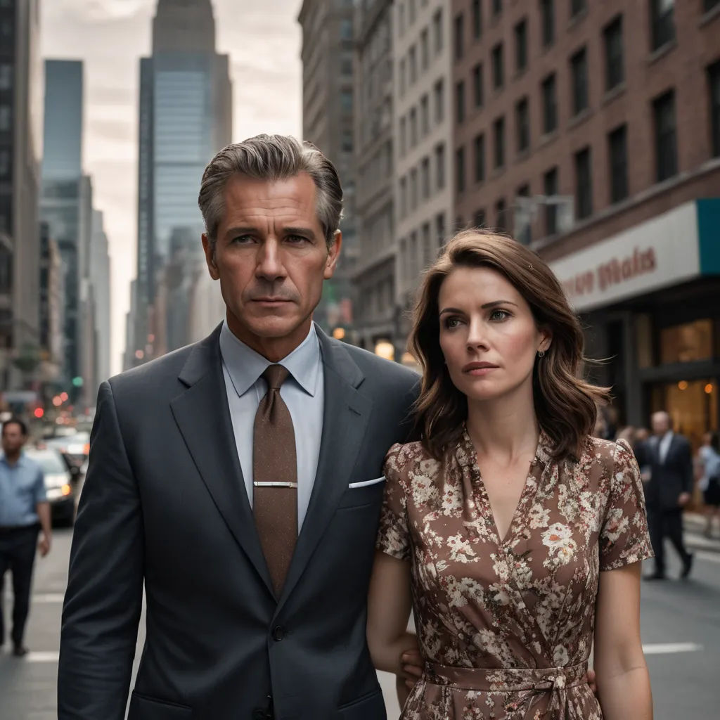 a man and a woman standing in the middle of a street in a city with tall buildings in the background, private press, a poster, Art Fitzpatrick, promotional image