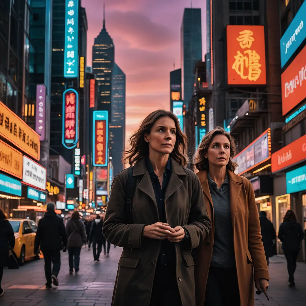 two women walking down a street in a city at dusk with neon signs in the background and a pink sky, art & language, a poster, Daniel Lieske, promotional image