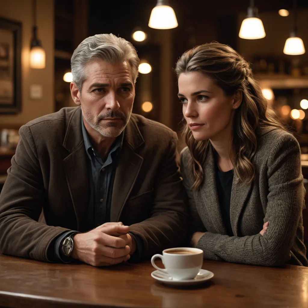 a man and a woman sitting at a table with a cup of coffee in front of them, looking at the camera, private press, a stock photo, Allan Brooks, promotional image