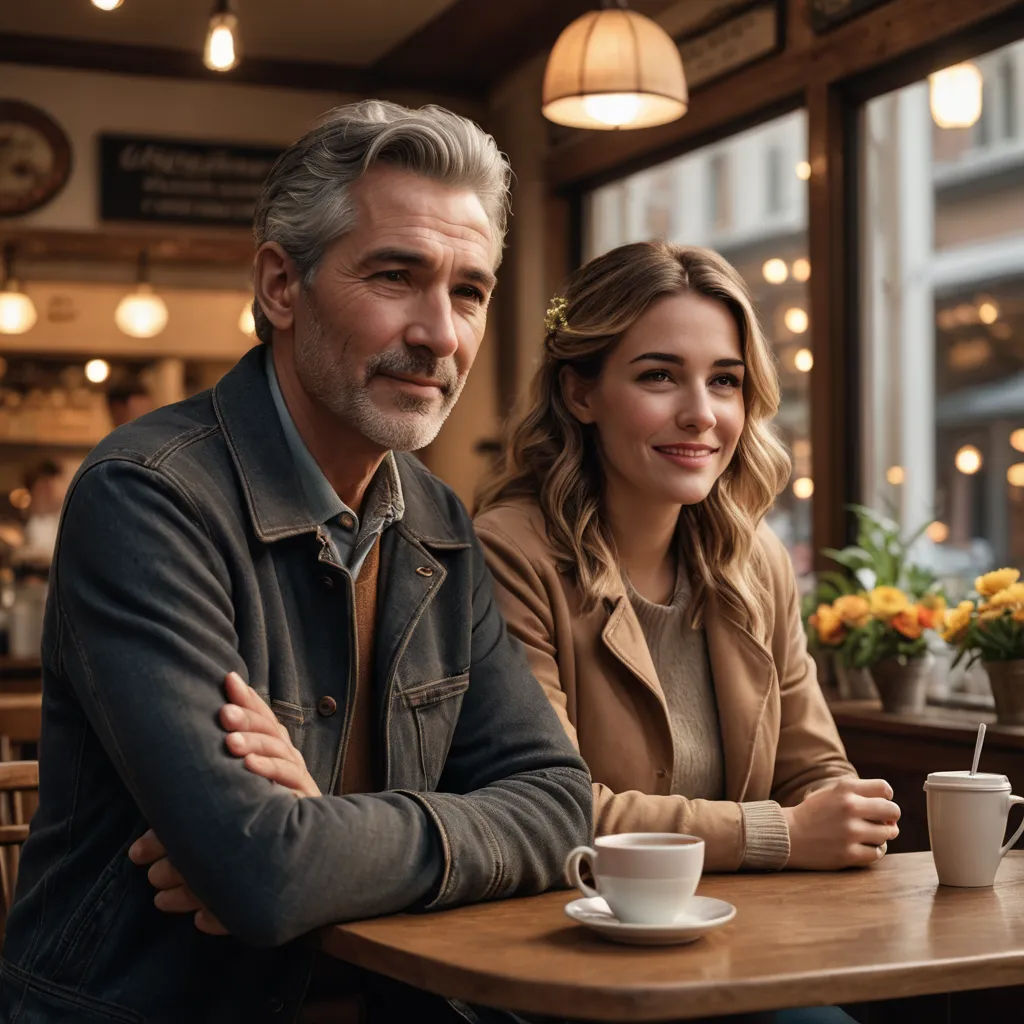 a man and a woman sitting at a table with cups of coffee in front of them and a vase of flowers, private press, a stock photo, Christian Hilfgott Brand, portrait photography