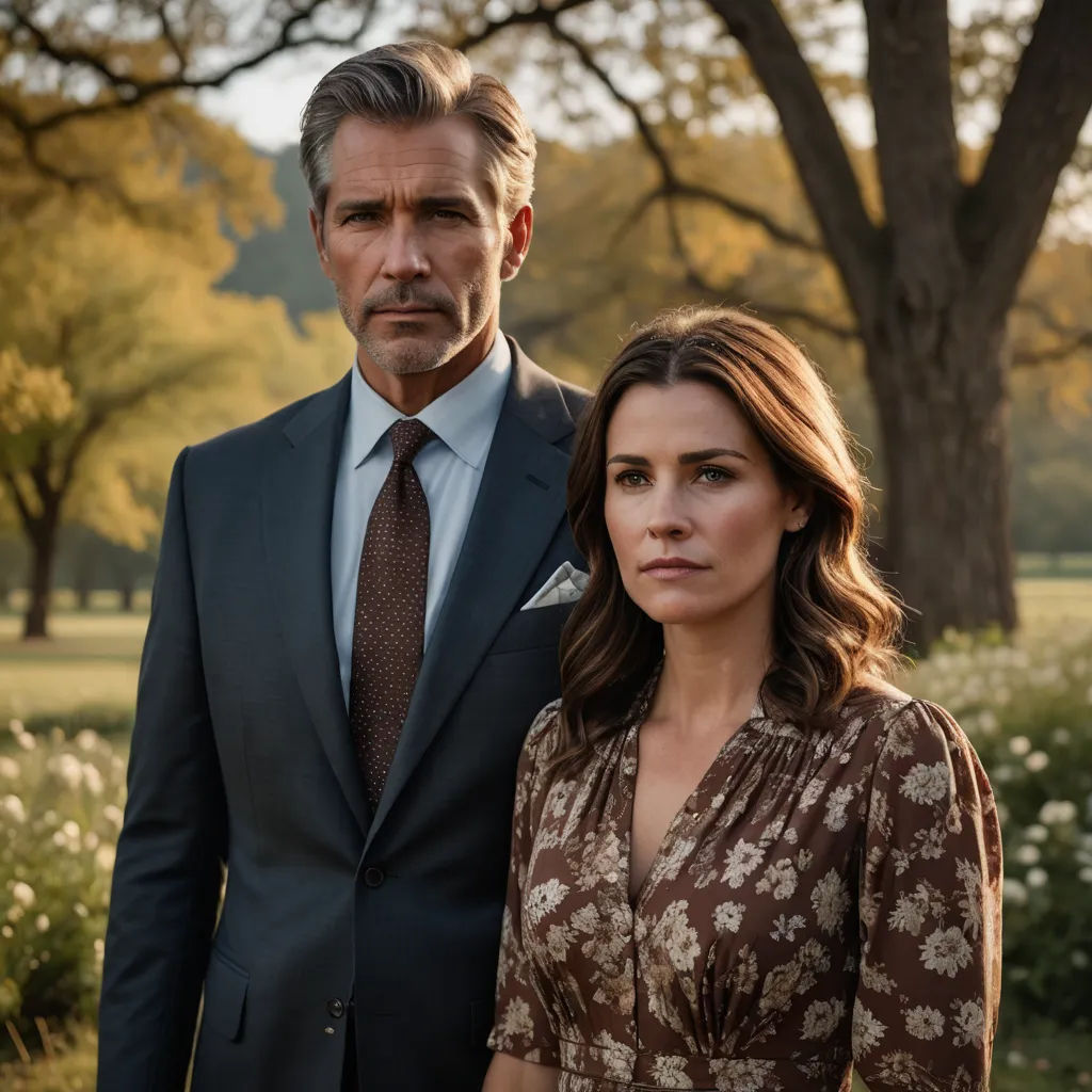 a man and a woman standing in a field of flowers and trees, one of them is wearing a suit and the other is a tie, private press, a poster, Conroy Maddox, promotional image