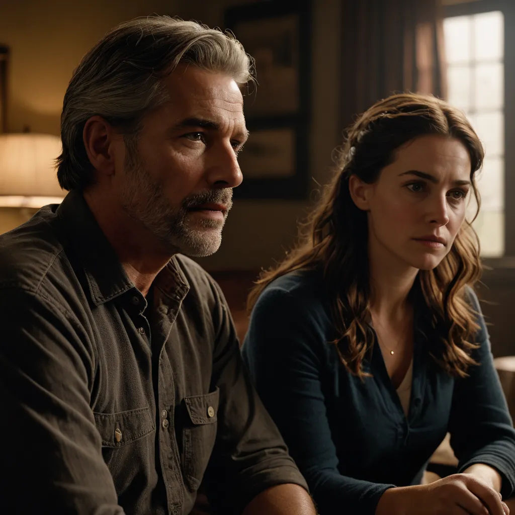 a man and a woman sitting next to each other in a living room together, looking at something on the table, international gothic, a poster, Derek Hill, promotional image