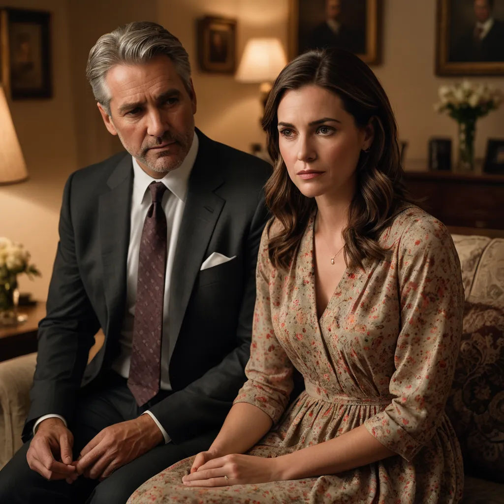 a man and a woman sitting on a couch in a living room together, one of them is looking at the camera, international gothic, a poster, Elisabeth Collins, promotional image