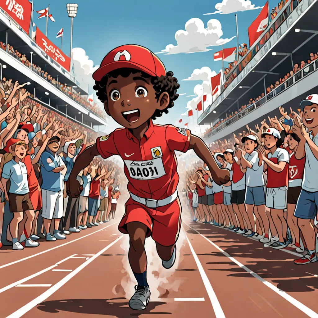 a cartoon of a man running in a race with a crowd of people behind him and a stadium full of people, Abidin Dino, hurufiyya, a storybook illustration, official art