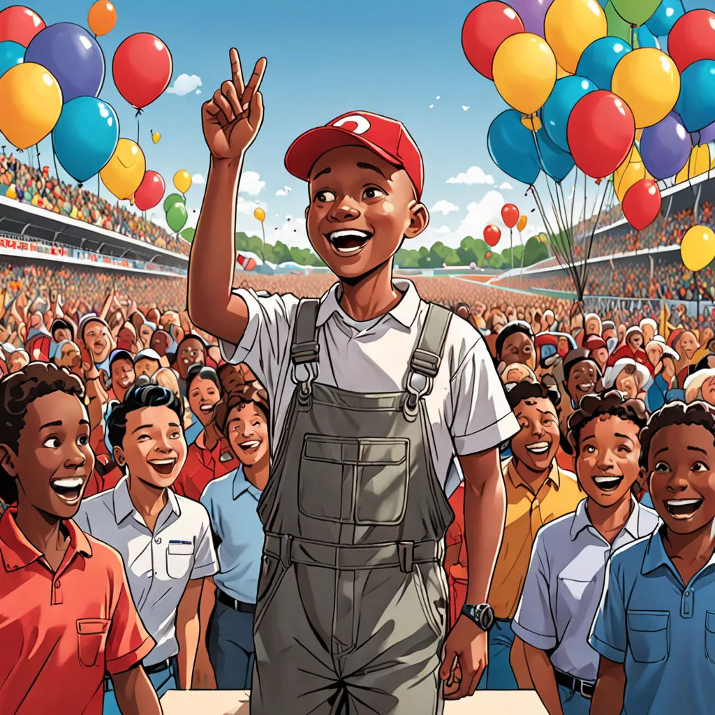 a man in overalls and a red cap is standing in front of a crowd of people with balloons, Allan Brooks, harlem renaissance, a storybook illustration, official art