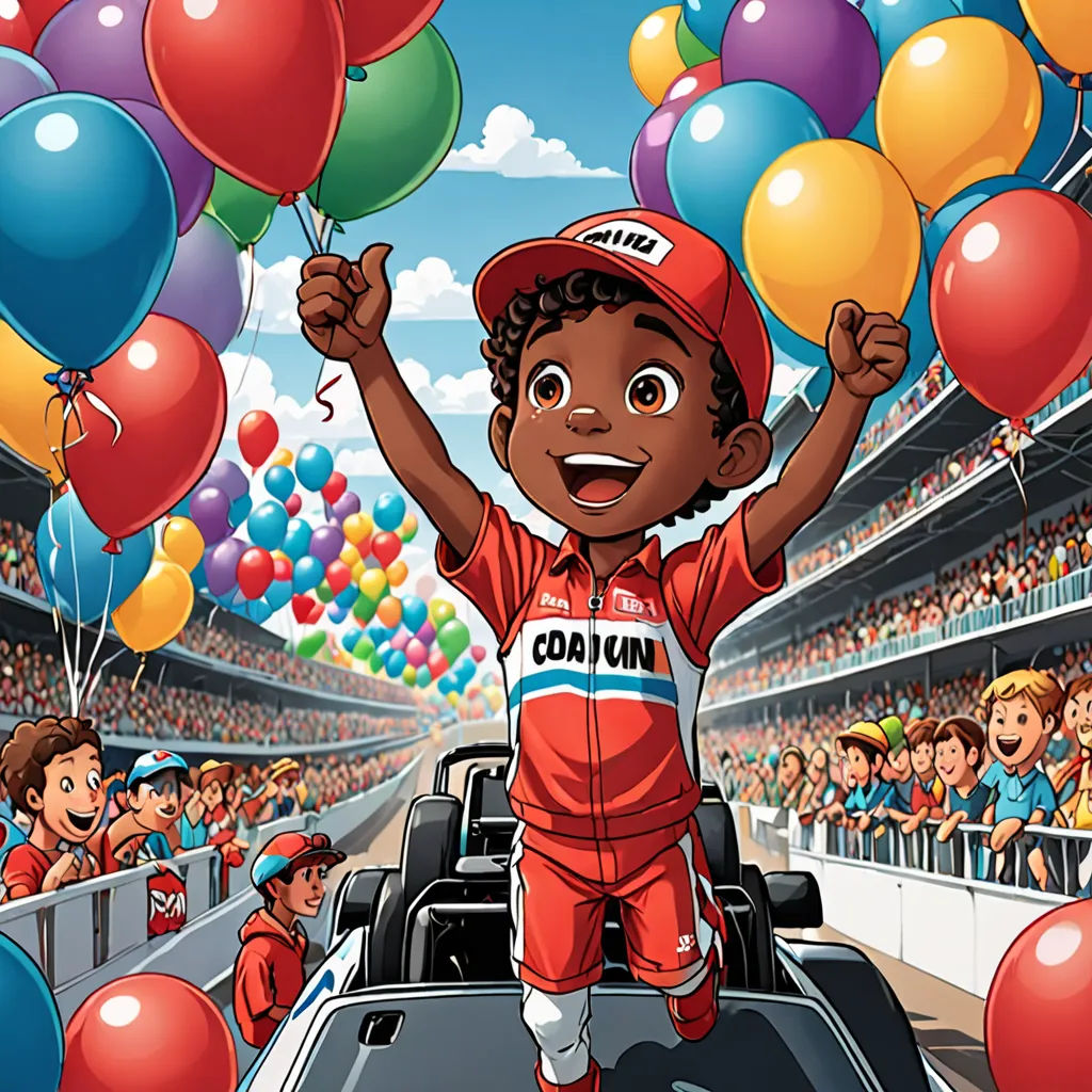 a cartoon of a boy in a red uniform holding balloons and a car in front of a crowd of people, A.D.M. Cooper, lyco art, a storybook illustration, promotional image