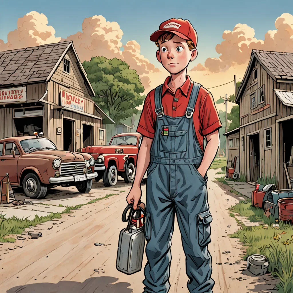 a cartoon of a man holding a tool box and a can of oil in his hand while standing in front of a farm, F Scott Hess, american realism, a storybook illustration, comic cover art