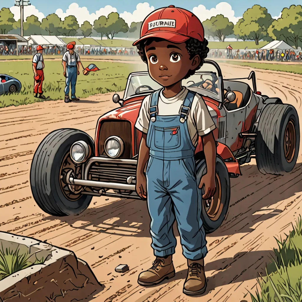 a cartoon of a boy standing in front of a car on a dirt road with a crowd of people behind him, Everett Warner, harlem renaissance, a character portrait, official art