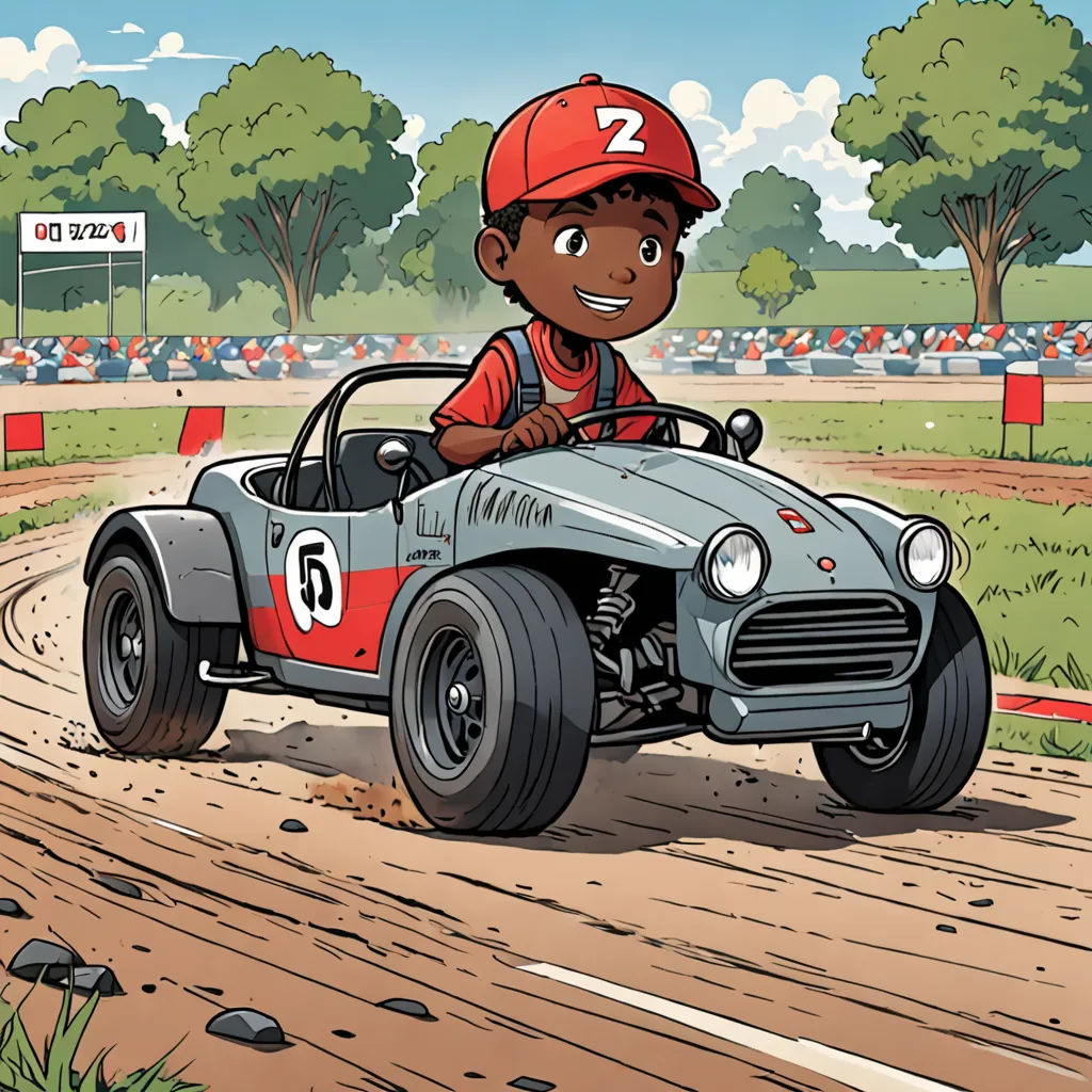 a cartoon boy driving a race car on a dirt track with a number on the front of the car, Cliff Childs, process art, a storybook illustration, promotional image