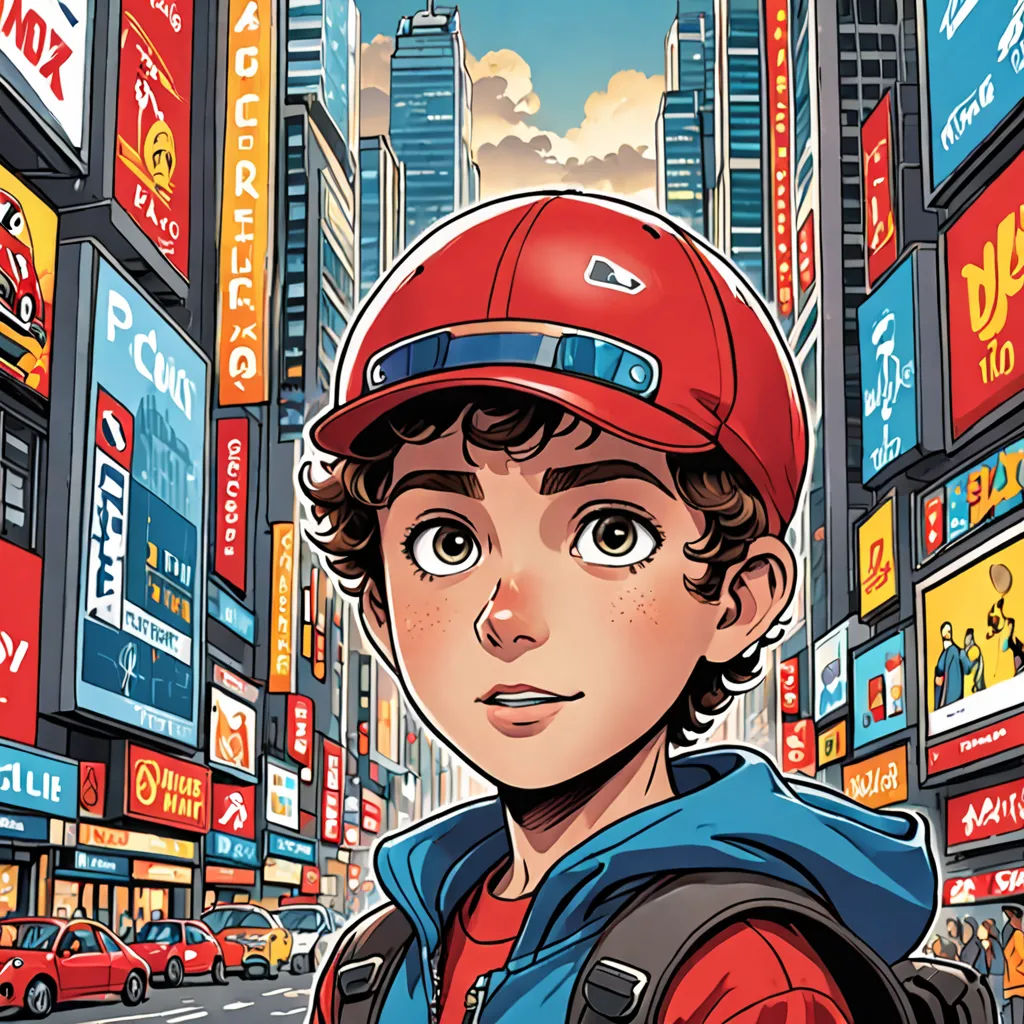 a boy in a red hat is standing in the street in a city with tall buildings and billboards, Diego Gisbert Llorens, photorealism, a comic book panel, rossdraws global illumination