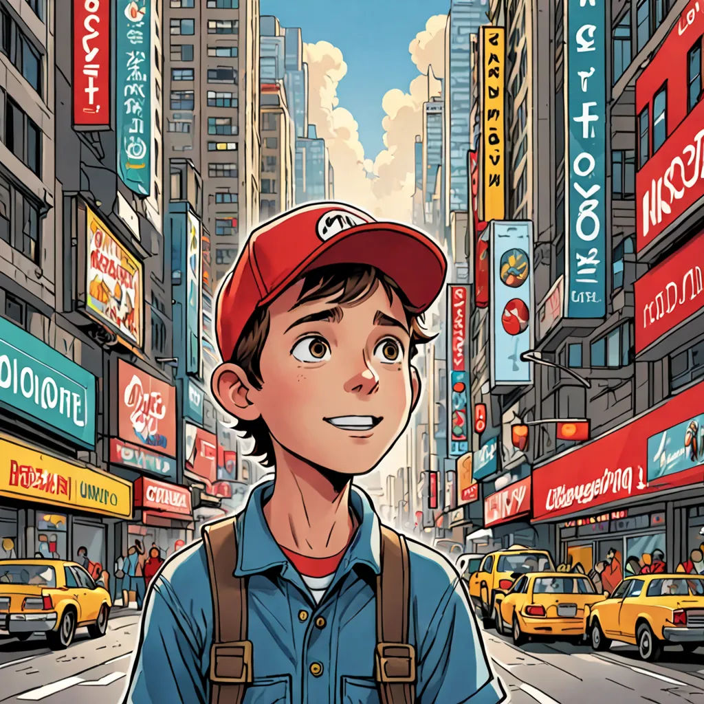 a man in a red hat is standing in the street in a city with tall buildings and signs on the buildings, Asaf Hanuka, underground comix, a comic book panel, graphic novel