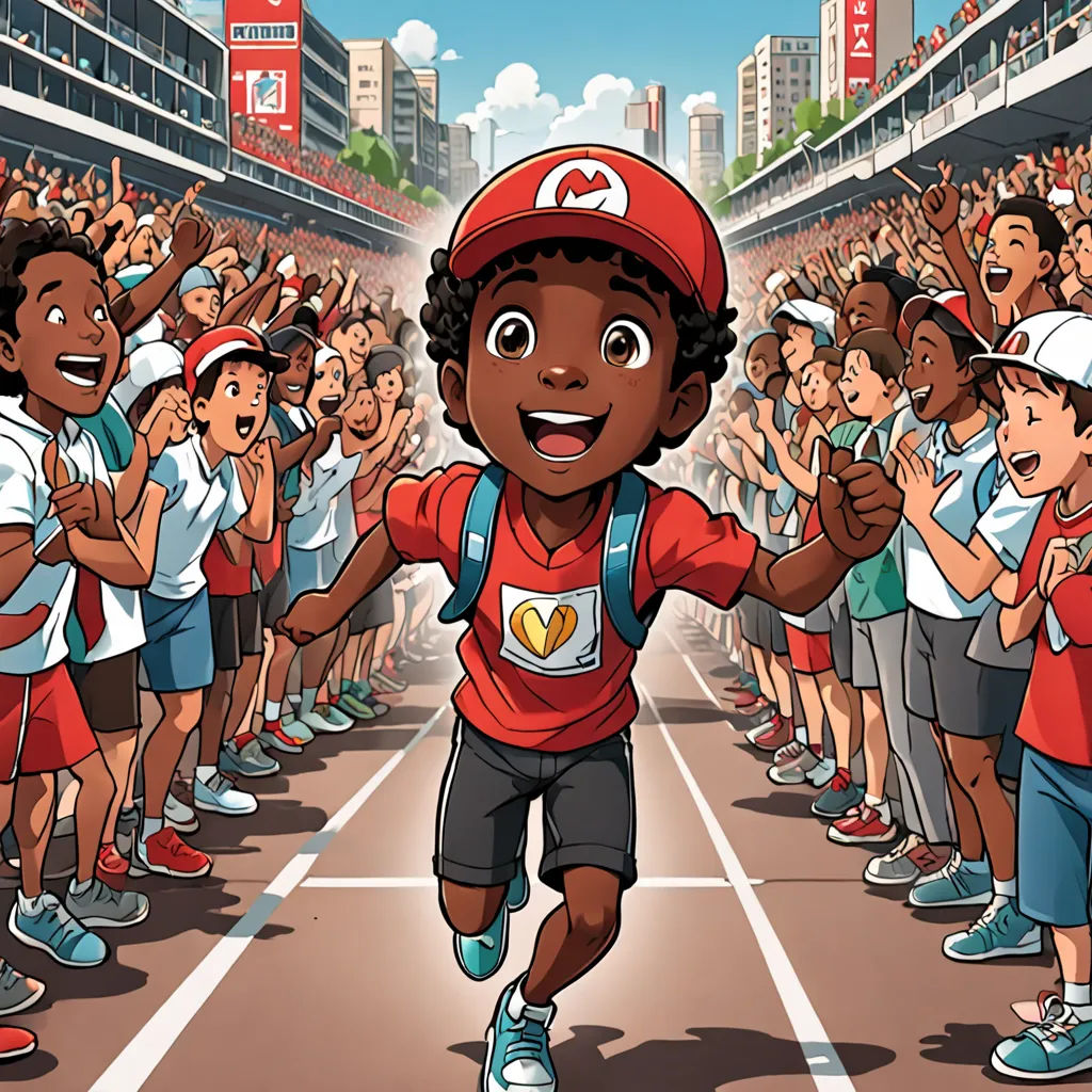 a cartoon of a boy running on a tennis court with a crowd of people behind him and a tennis court in the background, Cliff Childs, lyco art, a storybook illustration, official art