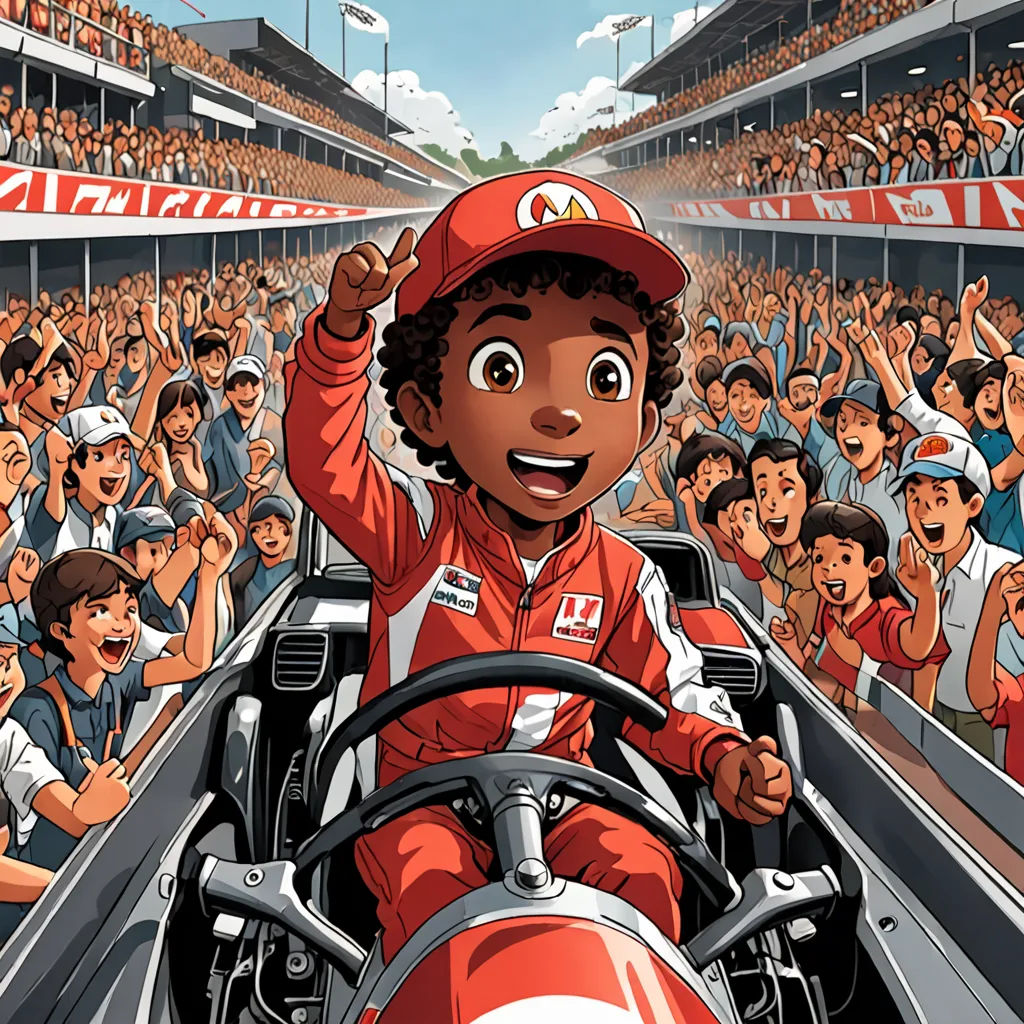 a cartoon of a man driving a car in front of a crowd of people in a race track with a driver, Asaf Hanuka, afrofuturism, a storybook illustration, yukito kishiro
