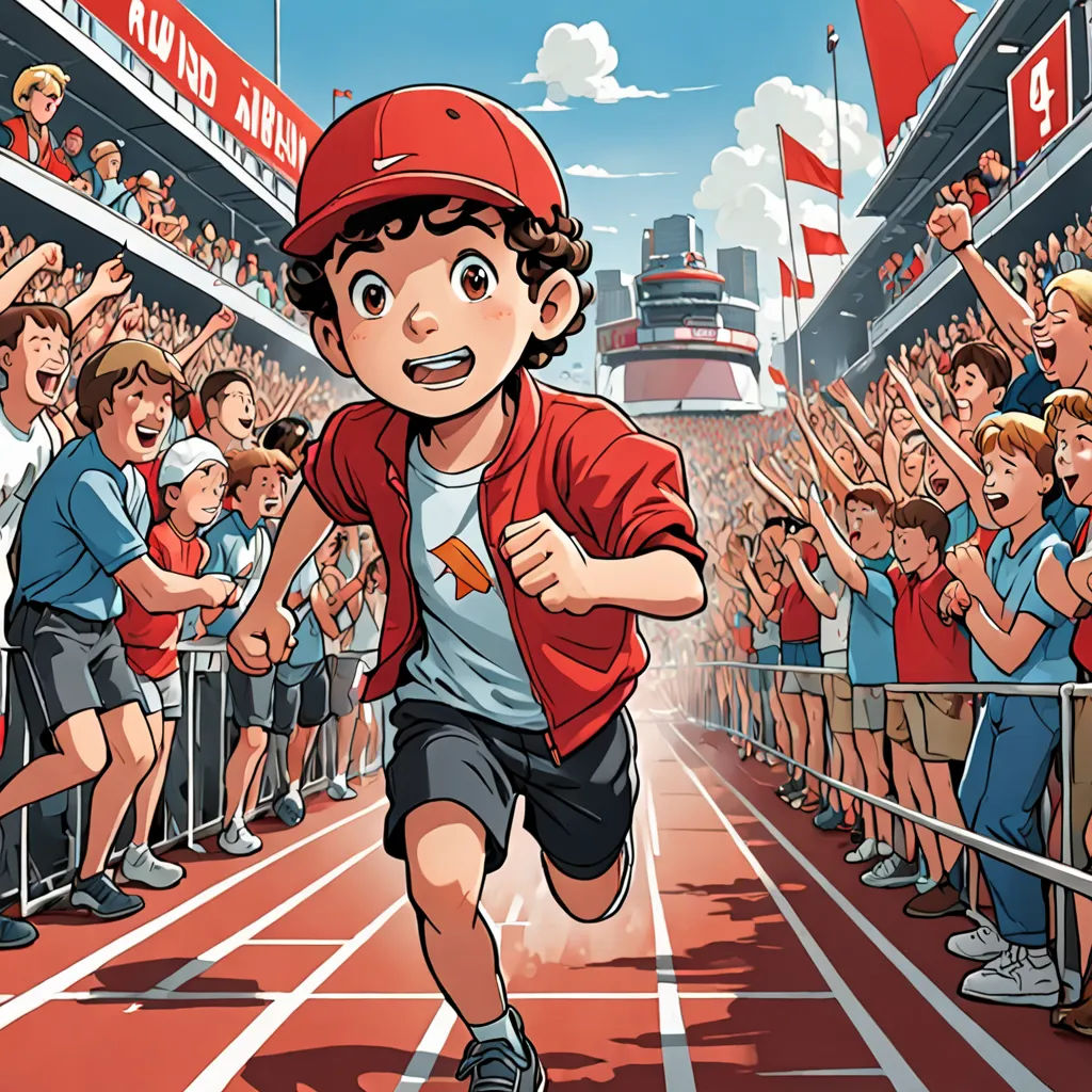 a boy running in front of a crowd of people in a stadium with a red cap on and a red jacket on, Asaf Hanuka, lyco art, a storybook illustration, yukito kishiro