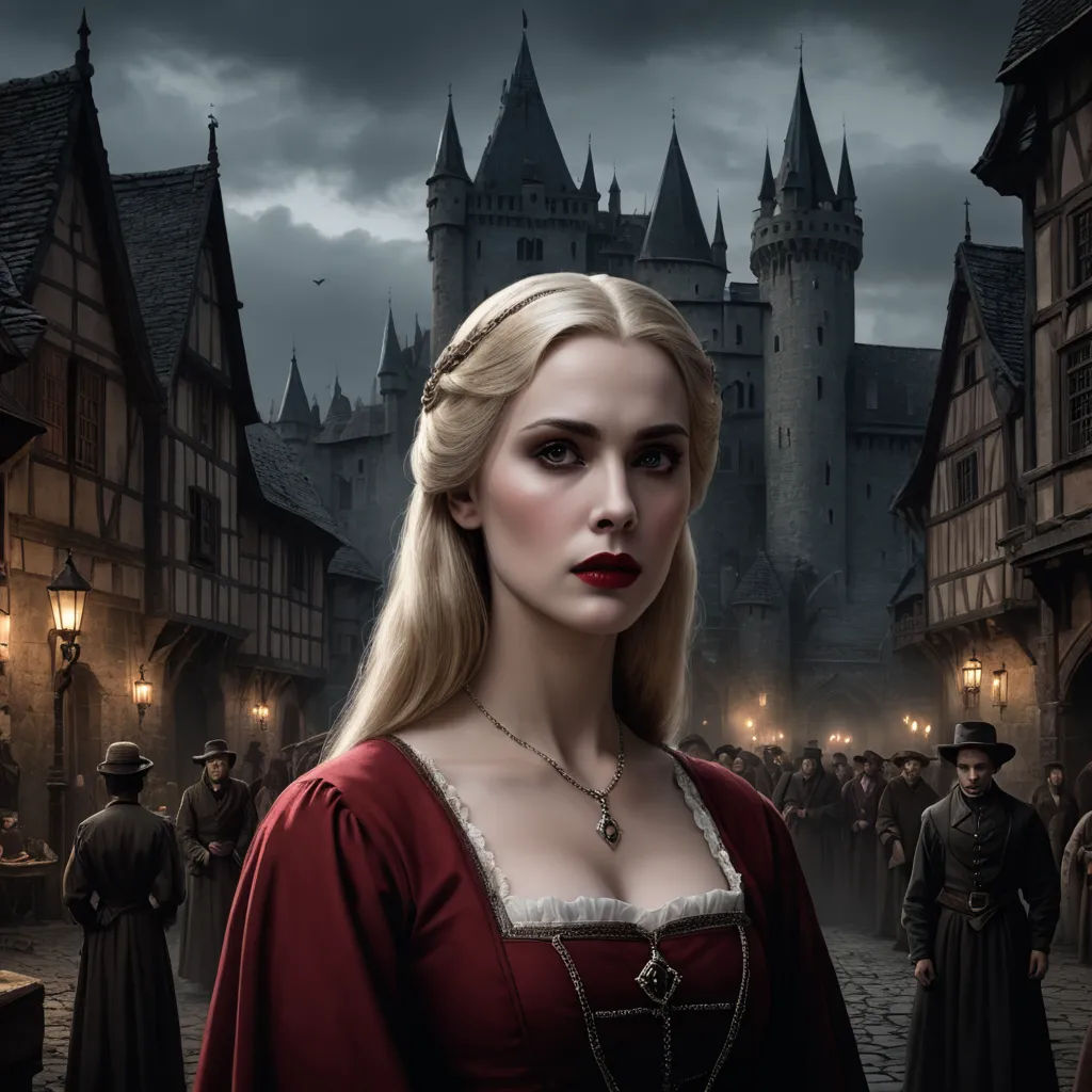 a woman in a red dress standing in front of a castle with a crowd of people in it and a dark sky, gothic art, a detailed matte painting, Dirk Crabeth, promotional image