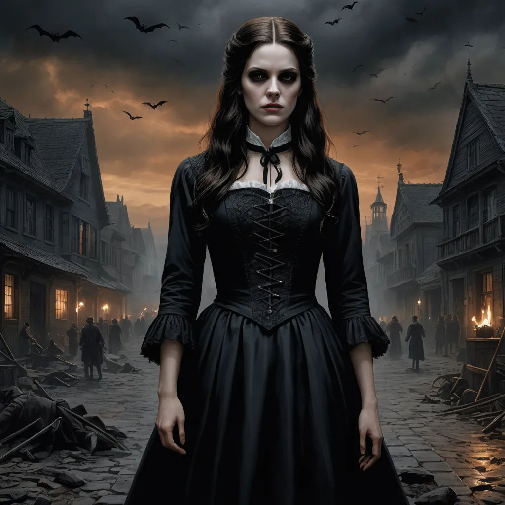 a woman in a black dress standing in a street with a dark sky behind her and bats flying overhead, gothic art, a detailed matte painting, Dirk Crabeth, dark shadows