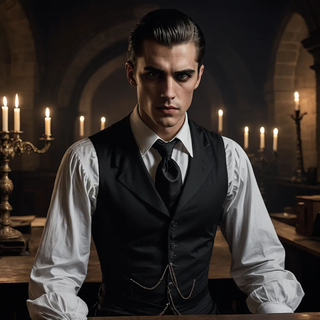 a man in a vest and tie standing in front of a table with candles on it and a candle holder, gothic art, a character portrait, Dirk Crabeth, promotional image