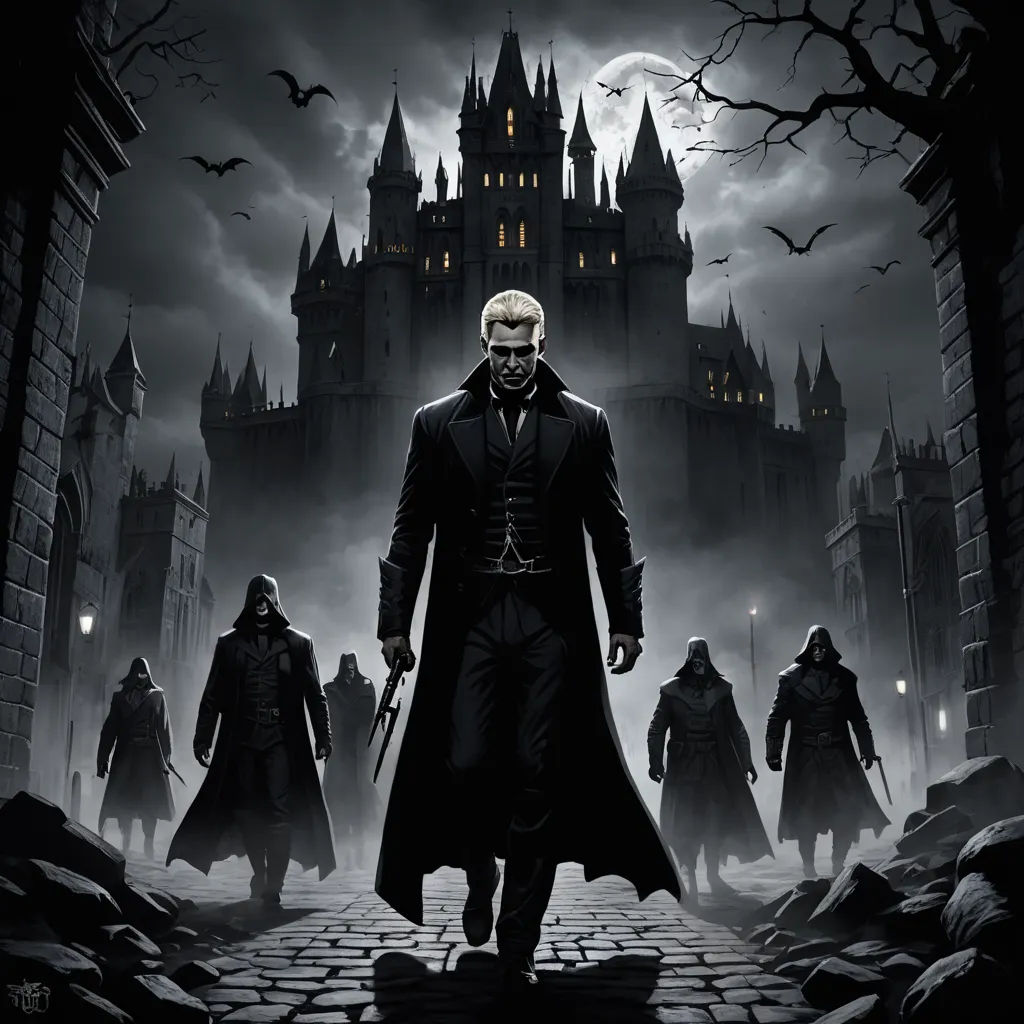 a group of people in a dark castle with a man in a black coat and a woman in a white dress, gothic art, poster art, Dirk Crabeth, key art